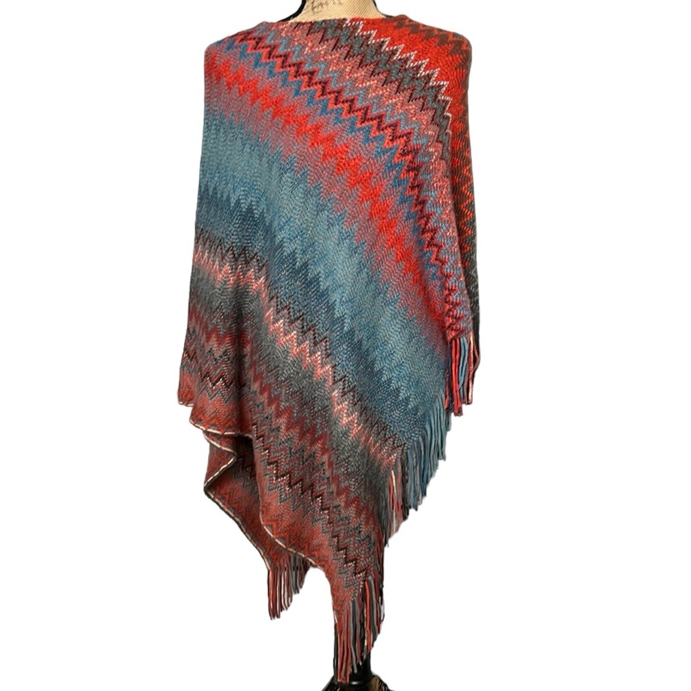 Ryan Michael Chevron Fringed Sweater Poncho